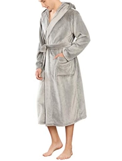 YIMANIE Mens Flannel Robe Hooded Plush Shawl Long Bathrobe Sleepwear