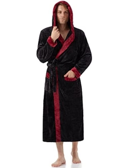 YIMANIE Mens Flannel Robe Hooded Plush Shawl Long Bathrobe Sleepwear