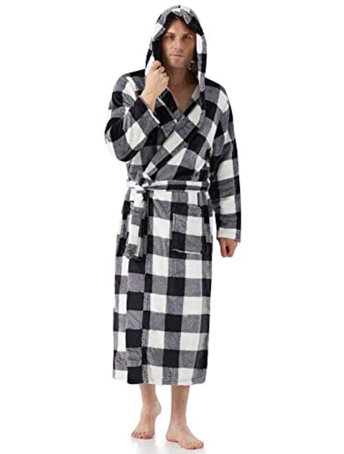 YIMANIE Mens Flannel Robe Hooded Plush Shawl Long Bathrobe Sleepwear