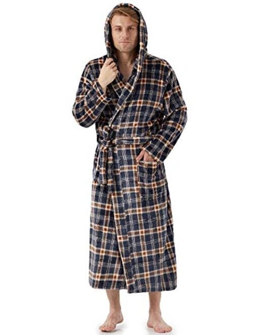 YIMANIE Mens Flannel Robe Hooded Plush Shawl Long Bathrobe Sleepwear