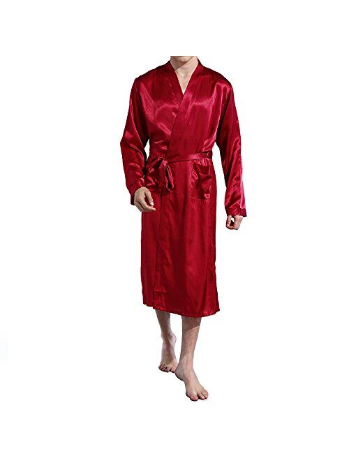 Elountik Men's V Neck Satin Robe Kimono Long Bathrobe Pajamas Nightgown Sleepwear Christmas Robe for Wedding Party