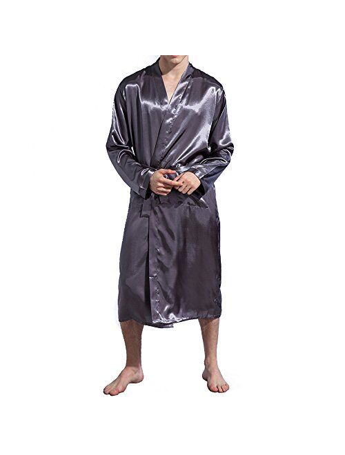 Elountik Men's V Neck Satin Robe Kimono Long Bathrobe Pajamas Nightgown Sleepwear Christmas Robe for Wedding Party