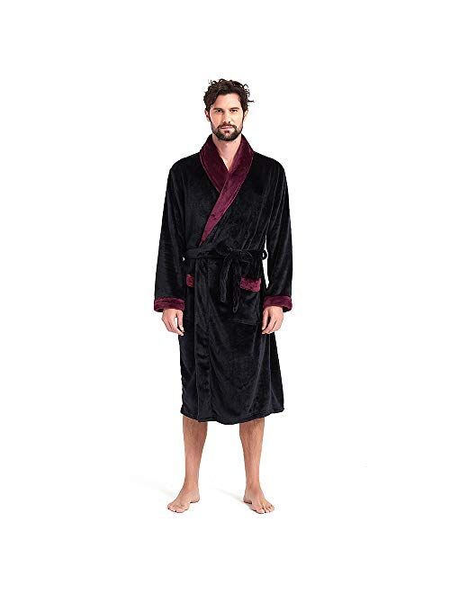 Holove Mens Fleece Hooded Robe Terry Cloth Plush Soft Warm Long Bathrobe