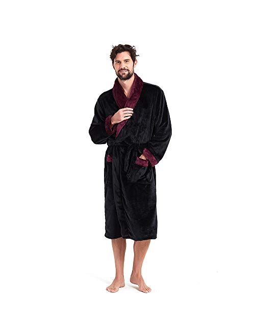 Holove Mens Fleece Hooded Robe Terry Cloth Plush Soft Warm Long Bathrobe