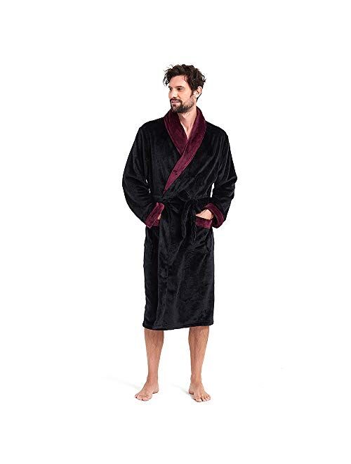 Holove Mens Fleece Hooded Robe Terry Cloth Plush Soft Warm Long Bathrobe