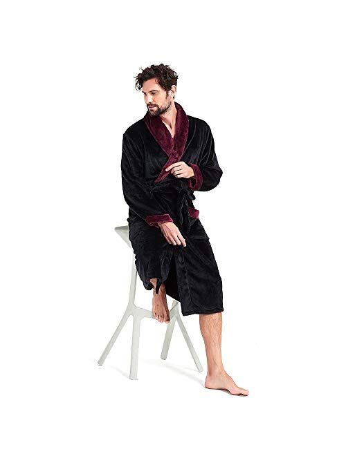 Holove Mens Fleece Hooded Robe Terry Cloth Plush Soft Warm Long Bathrobe