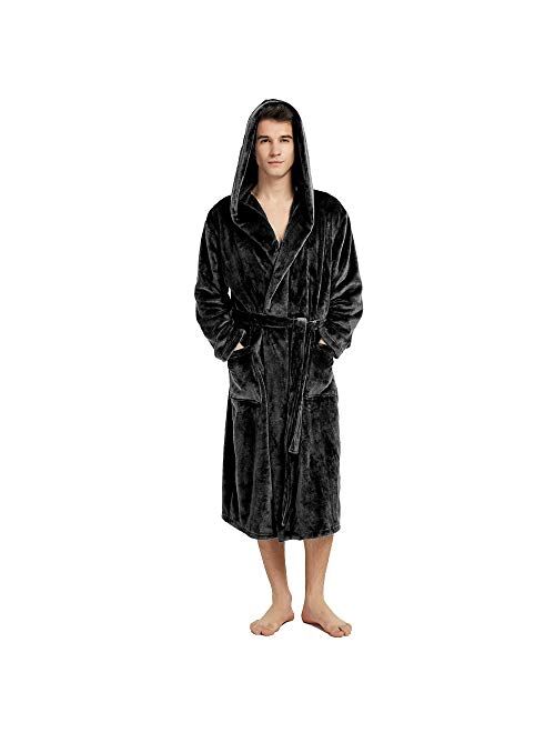 Holove Mens Fleece Hooded Robe Terry Cloth Plush Soft Warm Long Bathrobe