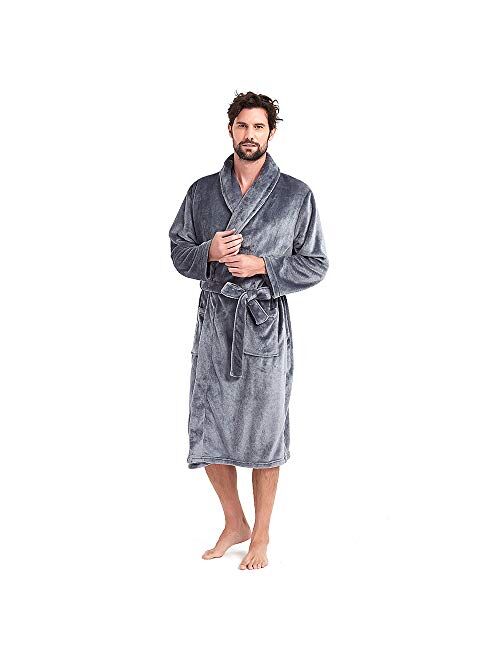 Holove Mens Fleece Hooded Robe Terry Cloth Plush Soft Warm Long Bathrobe