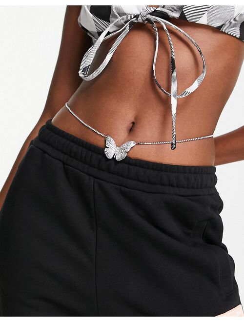 Asos Design belly chain with crystal butterfly in silver tone