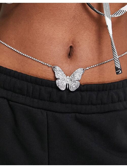 Asos Design belly chain with crystal butterfly in silver tone