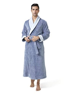 Men's Coral Fleece Plush Robe Shawl Collar Heavyweight Full Length Long Big and Tall Warm Bathrobe