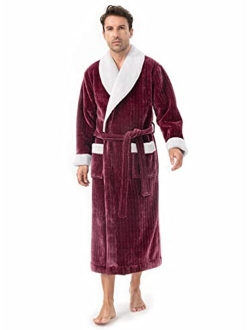 Men's Coral Fleece Plush Robe Shawl Collar Heavyweight Full Length Long Big and Tall Warm Bathrobe