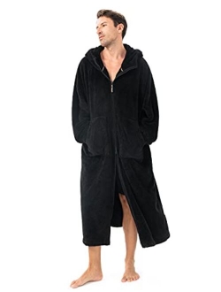 Men's Coral Fleece Plush Robe Shawl Collar Heavyweight Full Length Long Big and Tall Warm Bathrobe