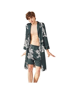 COSOSA Mens Satin Robe with Shorts - Long Sleeve Kimono Printed Bathrobe Multicolor