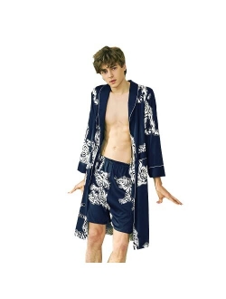 COSOSA Mens Satin Robe with Shorts - Long Sleeve Kimono Printed Bathrobe Multicolor