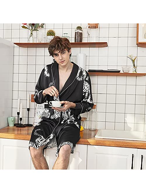 COSOSA Mens Satin Robe with Shorts - Long Sleeve Kimono Printed Bathrobe Multicolor