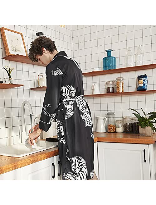 COSOSA Mens Satin Robe with Shorts - Long Sleeve Kimono Printed Bathrobe Multicolor