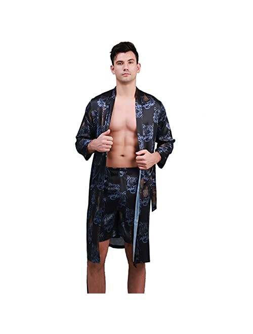 COSOSA Mens Satin Robe with Shorts - Long Sleeve Kimono Printed Bathrobe Multicolor