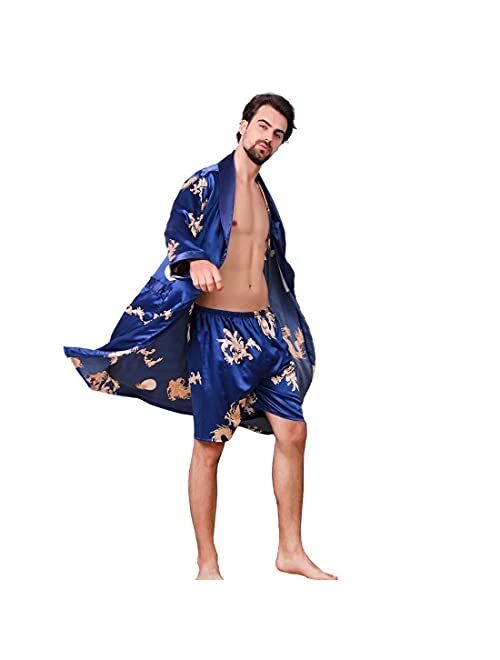 COSOSA Mens Satin Robe with Shorts - Long Sleeve Kimono Printed Bathrobe Multicolor