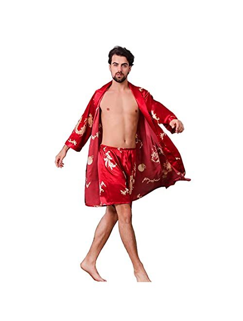 COSOSA Mens Satin Robe with Shorts - Long Sleeve Kimono Printed Bathrobe Multicolor