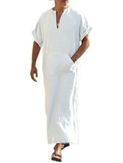 Men's V-Neck Linen Robe Short Sleeve Kaftan Thobe Long Gown Casual Shirt for Beach, Summer