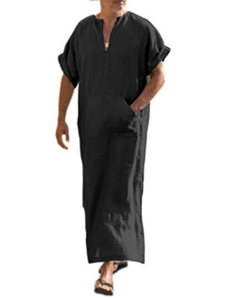 Men's V-Neck Linen Robe Short Sleeve Kaftan Thobe Long Gown Casual Shirt for Beach, Summer