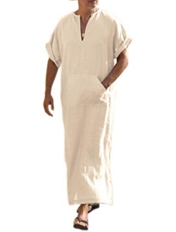 Men's V-Neck Linen Robe Short Sleeve Kaftan Thobe Long Gown Casual Shirt for Beach, Summer