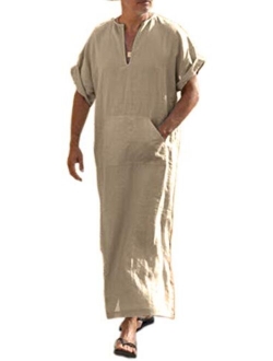 Men's V-Neck Linen Robe Short Sleeve Kaftan Thobe Long Gown Casual Shirt for Beach, Summer