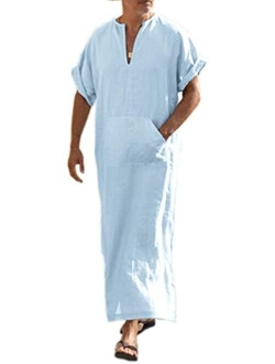 Men's V-Neck Linen Robe Short Sleeve Kaftan Thobe Long Gown Casual Shirt for Beach, Summer