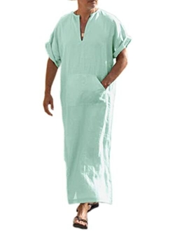 Men's V-Neck Linen Robe Short Sleeve Kaftan Thobe Long Gown Casual Shirt for Beach, Summer