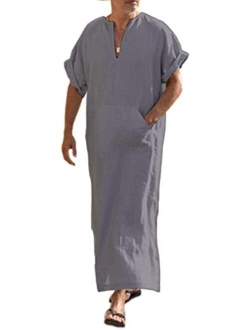 Men's V-Neck Linen Robe Short Sleeve Kaftan Thobe Long Gown Casual Shirt for Beach, Summer