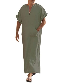 Men's V-Neck Linen Robe Short Sleeve Kaftan Thobe Long Gown Casual Shirt for Beach, Summer