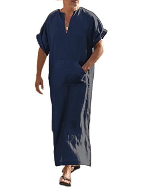 COOFANDY Men's V-Neck Linen Robe Short Sleeve Kaftan Thobe Long Gown Casual Shirt for Beach, Summer