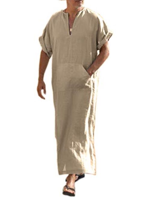 COOFANDY Men's V-Neck Linen Robe Short Sleeve Kaftan Thobe Long Gown Casual Shirt for Beach, Summer