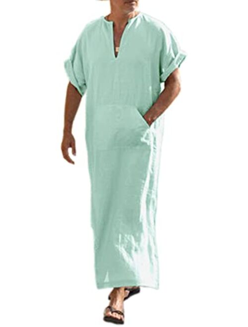 COOFANDY Men's V-Neck Linen Robe Short Sleeve Kaftan Thobe Long Gown Casual Shirt for Beach, Summer