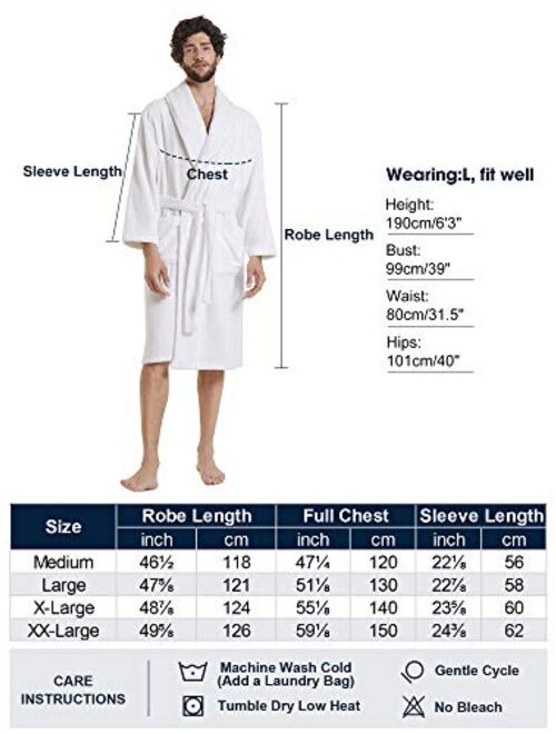 SIORO Men's Robe Terry Cotton Bathrobe Shawl Collar Soft Shower Bath Robes Calf Length Loungewear for Spa Hot Tub Sauna