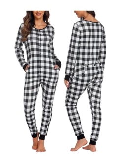 Womens One Piece Pajama with Drop Seat Butt Flap Union Suit Pajamas Sleepwear Jumpsuit S-XXL