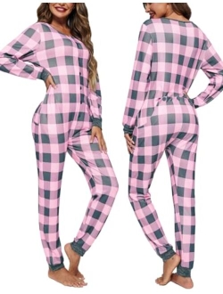 Womens One Piece Pajama with Drop Seat Butt Flap Union Suit Pajamas Sleepwear Jumpsuit S-XXL