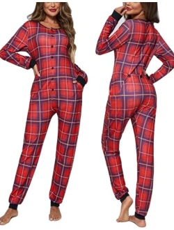 Womens One Piece Pajama with Drop Seat Butt Flap Union Suit Pajamas Sleepwear Jumpsuit S-XXL