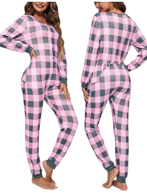 Ekouaer Womens One Piece Pajama with Drop Seat Butt Flap Union Suit Pajamas Sleepwear Jumpsuit S-XXL