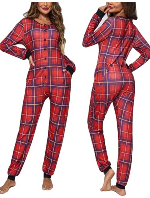 Ekouaer Womens One Piece Pajama with Drop Seat Butt Flap Union Suit Pajamas Sleepwear Jumpsuit S-XXL