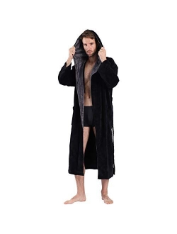 SeaKanana Mens Large Hooded Long Bathrobe with Chest Button,Big Tall Fleece Housecoat Extra Lightweight and Warm