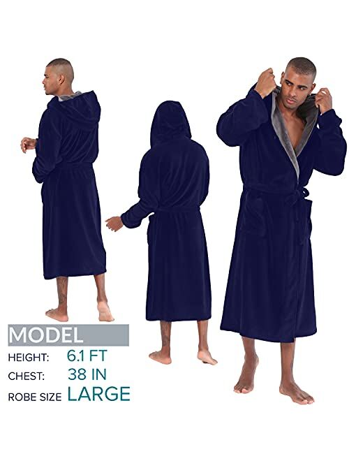 SeaKanana Mens Large Hooded Long Bathrobe with Chest Button,Big Tall Fleece Housecoat Extra Lightweight and Warm