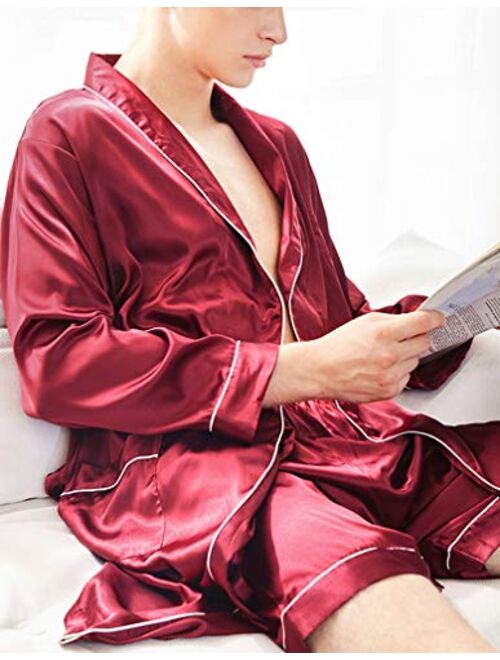 Lavnis Men's Satin Bathrobe Nightgown Casual Kimono Robe Loungewear Sleepwear Pajama Set with Shorts