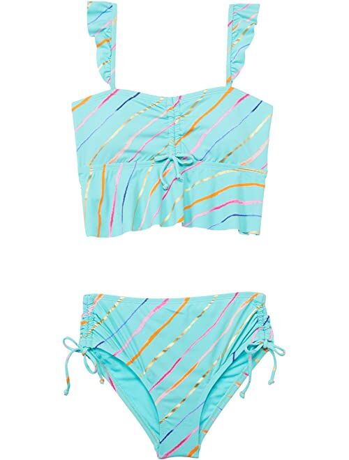 Hobie Kids Rip Tide Stripe Flounce Bandeau Midkini and High-Waist Bottoms  (Big Kid)