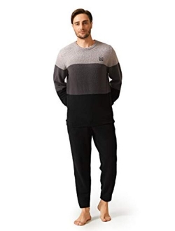 Men's Plush Fleece Sleepwear Warm Cozy Long Sleeve Top & Bottom Pajama Set Nightwear