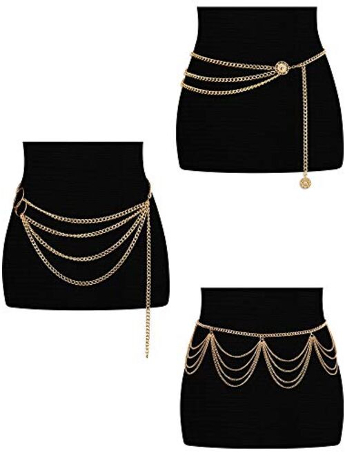 Hicarer 3 Pieces Belly Waist Chain Multi-Layer Metal Waist Chain Body Summer Beach Jewelry for Women and Girls, Tassel Style