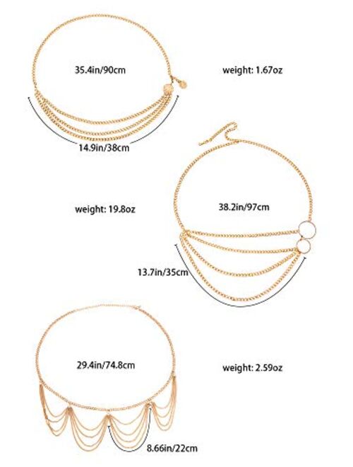 Hicarer 3 Pieces Belly Waist Chain Multi-Layer Metal Waist Chain Body Summer Beach Jewelry for Women and Girls, Tassel Style