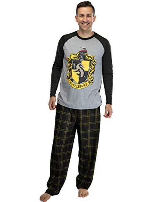 Intimo Harry Potter Adult Men's Raglan Shirt And Plaid Pants Pajama Set -Gryffindor, Ravenclaw, Slytherin, Hufflepuff