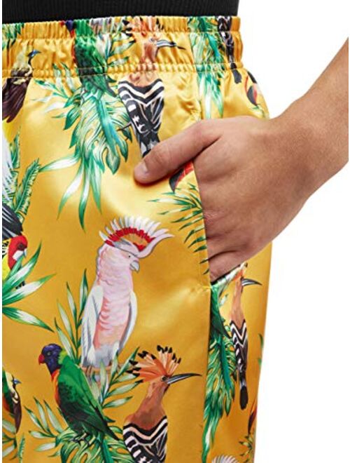 Mad Engine mens Tropical Birds of Paradise Gold Satin Lounge Sleep Pants